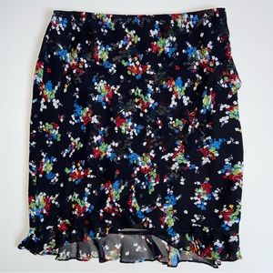 Ralph Lauren Vtg Chiffon Floral Skirt Black Multi Color Ruffle Hem Size 6